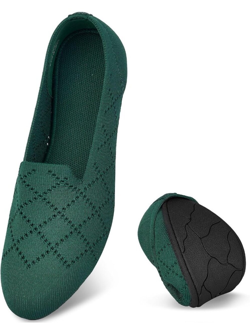 Women's Green Rubber Knit Ballet Flats Arch Support Slip On Foldable Shoes